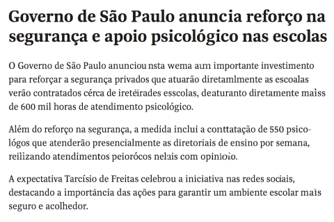 Governo de São Paulo anuncia reforço na segurança e apoio psicológico nas escolas